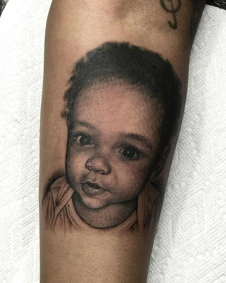 Shawn Monaco - Black and Grey Child Portrait Tattoo